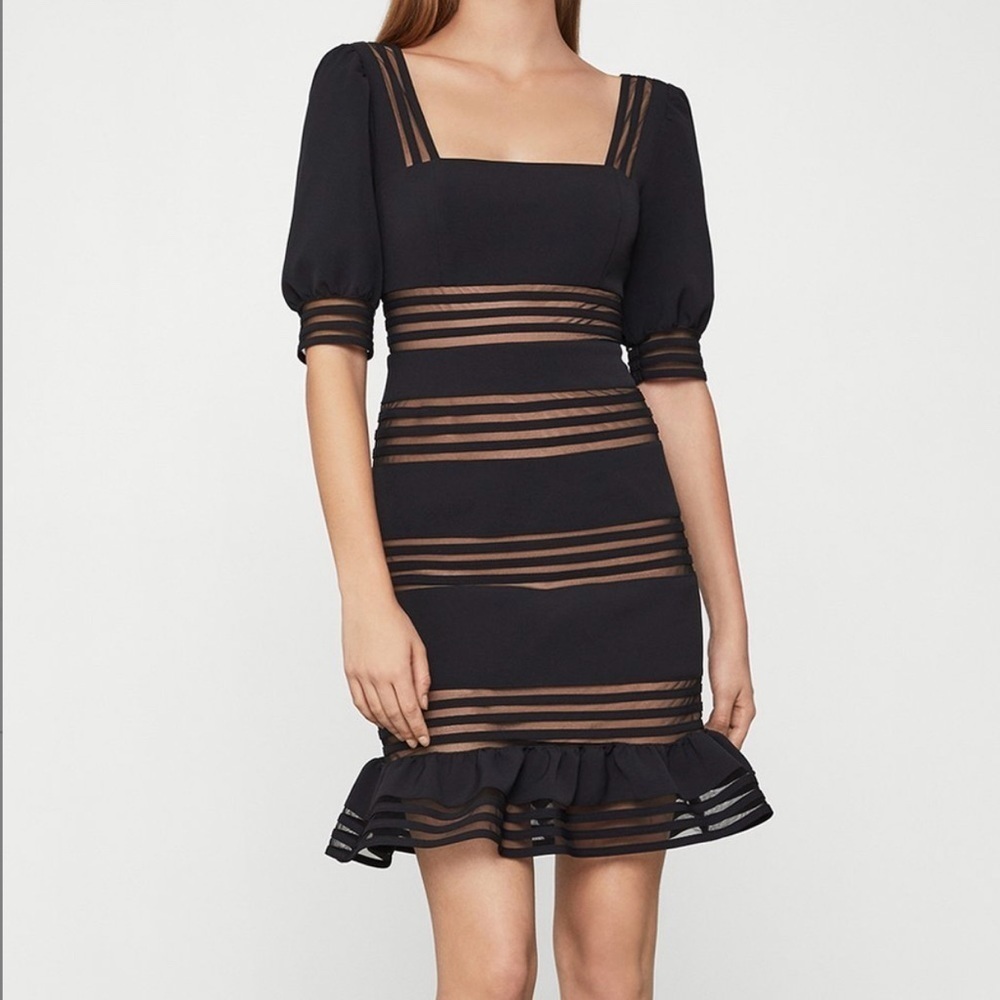 NEW BCBGMaxAzria Black Sheer Stripes Puff Sleeves Dress US 4